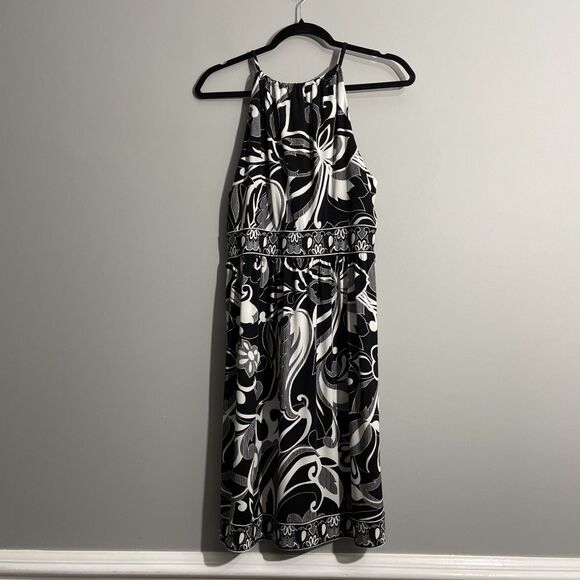 London Times Halter Neck Floral Dress  Size 12 Black and White Floral Print - Picture 3 of 8
